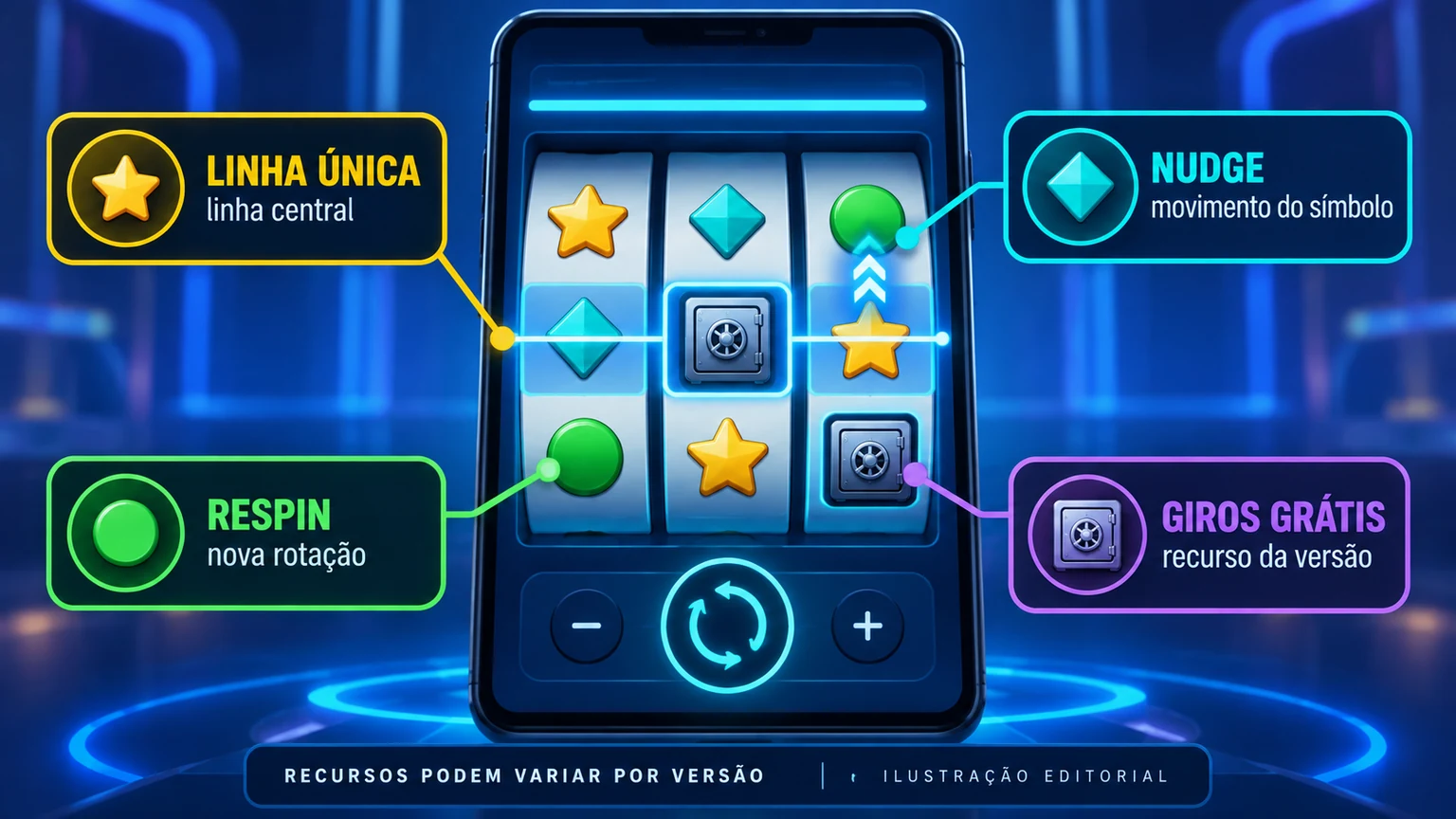 Diagrama editorial da linha única, respin, nudge e rodadas grátis sem prometer frequência